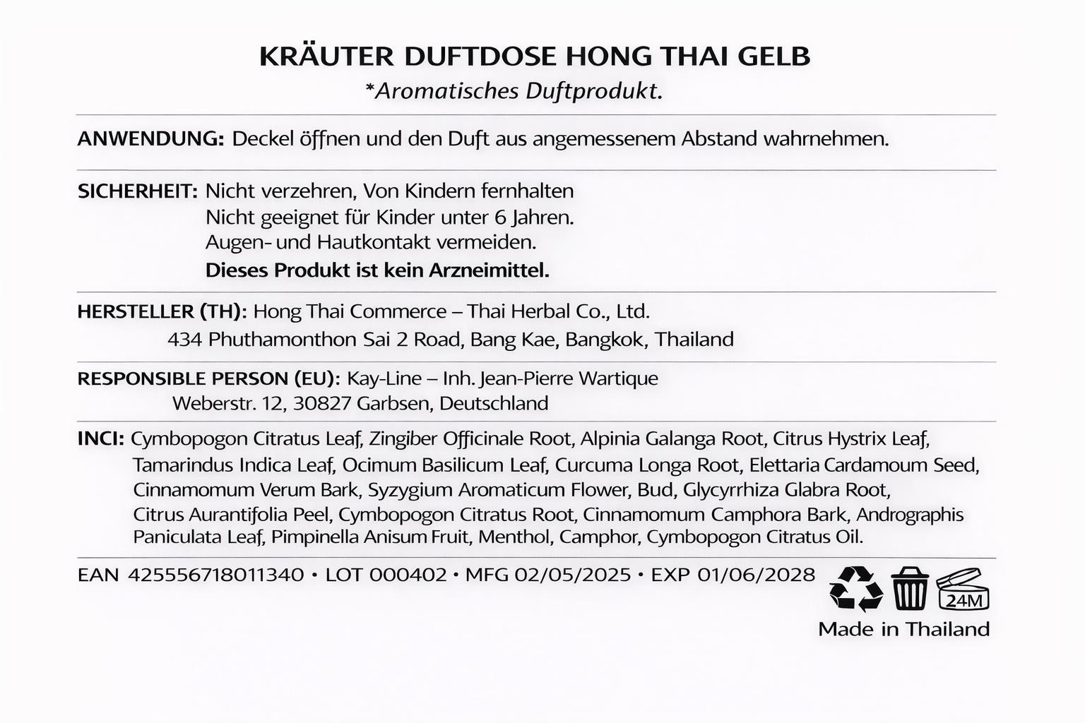 Hong Thai Duftdose Gelb – Kräuter & ätherische Öle | EU-konform – Bild 5